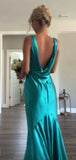 Simple Lake Blue V-neck Sleeveless Mermaid Satin Long Ball Gown HZ1024