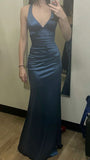 Navy Blue Deep V Neck Halter Neck Satin Mermaid Long Evening Gown Ball Gown HZ1024