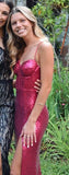 Bright Pink Sequin Spaghetti Strap Slit Long Evening Dress HZ1024