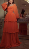 Orange A-line Long Sleeve Layered Tulle Maxi Ball Gown Evening Dress HZ1024