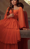 Orange A-line Long Sleeve Layered Tulle Maxi Ball Gown Evening Dress HZ1024