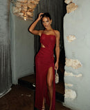 Burgundy Mermaid High Slit Off-shoulder Halter Long Ball Gown Party Dress HZ1024