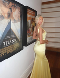 Yellow mermaid deep V-neck straps silk long evening gown ball gown HZ1024