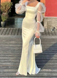 Fashion Ivory Mermaid Long Sleeves Satin Long Prom Dress Evening Dress HZ1024