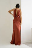 Brown Mermaid Off Shoulder Deep V Neck Satin Long Formal Gown Evening Dress HZ1024