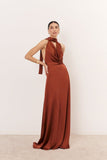 Brown Mermaid Off Shoulder Deep V Neck Satin Long Formal Gown Evening Dress HZ1024