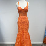 Long Orange Formal Sleeveless Lace Mermaid Gown HZ1024