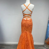 Long Orange Formal Sleeveless Lace Mermaid Gown HZ1024
