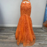 Long Orange Formal Sleeveless Lace Mermaid Gown HZ1024