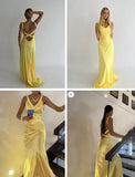 Yellow V-neck straps backless satin long formal evening gown HZ1024