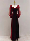 Burgundy A-line velvet long sleeves ball gown evening dress HZ1024