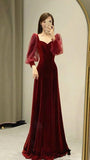 Burgundy A-line velvet long sleeves ball gown evening dress HZ1024