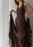 Brown halterneck A-line sleeveless lace long evening dress HZ1024