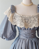 Vintage Blue A-Line Short Sleeve Long Prom Dress HZ1024