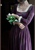 Elegant Purple Velvet A-Line Long Sleeve Maxi Dress HZ1024