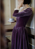 Elegant Purple Velvet A-Line Long Sleeve Maxi Dress HZ1024