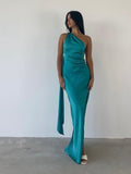 Simple Blue One Shoulder Mermaid Side Slit Satin Long Ball Gown Evening Dress HZ1024
