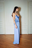 Blue low-cut spaghetti strap off-shoulder backless satin long evening gown HZ1024
