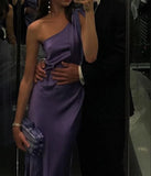 Elegant purple one-shoulder satin long evening dress HZ1024