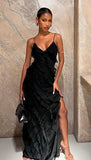 Sexy Black V-Neck Spaghetti Strap Open Back Mermaid Long Ball Gown HZ1024