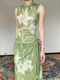 Elegant Green Sleeveless Lily Cheongsam Formal Dress HZ1024