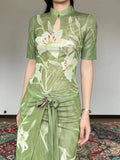 Elegant Green Sleeveless Lily Cheongsam Formal Dress HZ1024