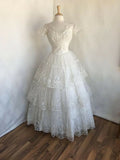 White A-line V-neck short-sleeved lace layered long prom dress HZ1024