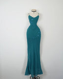 Blue mermaid sequined spaghetti strap long ball gown evening dress HZ1024
