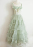 Green A-line strap lace trim tulle long ball gown HZ1024