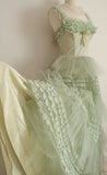 Green A-line strap lace trim tulle long ball gown HZ1024