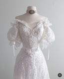 Elegant White A-line V-neck Short Sleeve Lace Floor-length Wedding Dress HZ1024