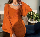 Orange Mermaid Bodycon Long Sleeve Pleated Slit Ankle Length Evening Dress HZ1024
