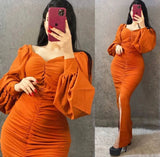 Orange Mermaid Bodycon Long Sleeve Pleated Slit Ankle Length Evening Dress HZ1024