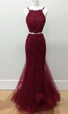Burgundy Two-Piece Sleeveless Beaded Tulle Ball Gown HZ1024