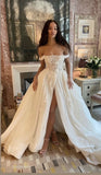 Elegant White Off Shoulder 3D Flower Front Slit Wedding Dress HZ1024