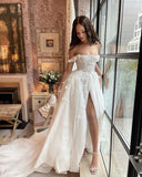 Elegant White Off Shoulder 3D Flower Front Slit Wedding Dress HZ1024