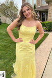 Cute Mermaid Yellow Spaghetti Strap Tulle Long Ball Gown HZ1024