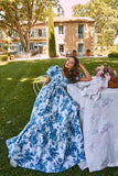 Blue A-line floral puff sleeves short-sleeved floor-length dress HZ1024