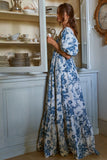 Blue A-line floral puff sleeves short-sleeved floor-length dress HZ1024