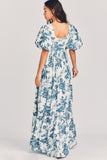 Blue A-line floral puff sleeves short-sleeved floor-length dress HZ1024