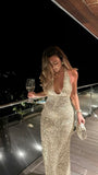 Champagne Mermaid Off-shoulder Halter Neck Deep V-neck Sequined Evening Dress Ball Gown HZ1024