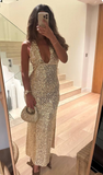 Champagne Mermaid Off-shoulder Halter Neck Deep V-neck Sequined Evening Dress Ball Gown HZ1024