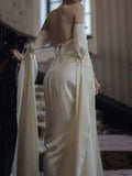 Ivory A-line Off-the-shoulder Long Sleeve Satin Backless Wedding Dress HZ1024