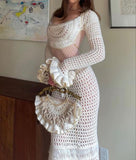 Sexy White Mermaid Long Sleeve Hollow Knit Ankle-Length Evening Gown Ball Gown HZ1024