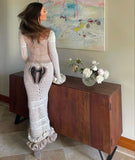 Sexy White Mermaid Long Sleeve Hollow Knit Ankle-Length Evening Gown Ball Gown HZ1024