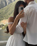 Simple white A-line off-shoulder tie tea dress HZ1024