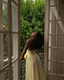 Chic Yellow Tulle Strapless 3D Flower High Slit Tulle Ball Gown Evening Dress HZ1024