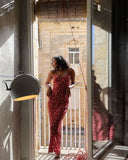 Sexy Red Floral Spaghetti Strap Mermaid Long Ball Gown HZ1024