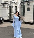 Simple Blue Square Neck Long Sleeve A-Line Formal Prom Dress Evening Gown HZ1024
