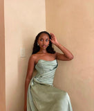 Green A-line satin high slit strapless ball gown evening dress HZ1024
